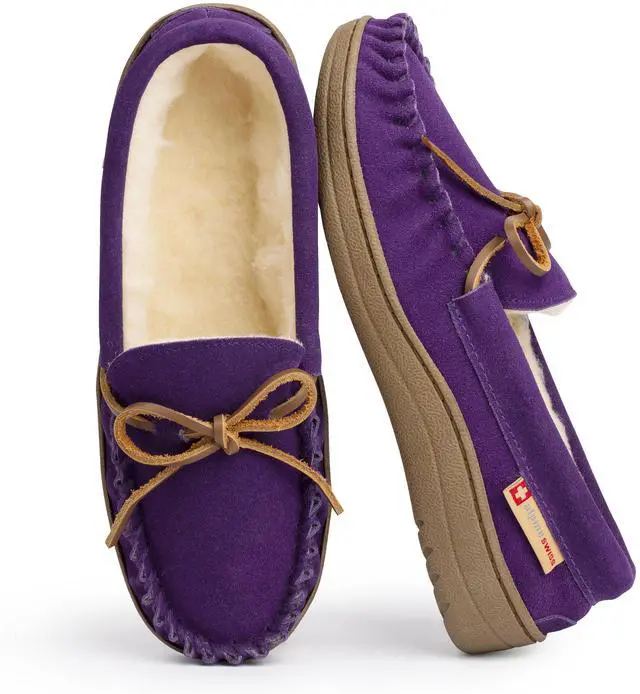 Alt view image 6 of 7 - Alpine Swiss Sabine Womens Suede Shearling Moccasin Slippers House Shoes Slip On