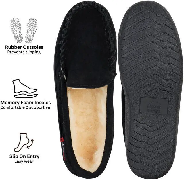 Alt view image 2 of 6 - Alpine Swiss Yukon Mens Suede Shearling Moccasin Slippers Moc Toe Slip On Shoes