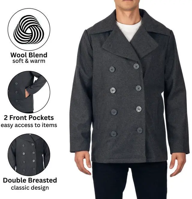 Alt view image 2 of 7 - Alpine Swiss Mason Mens Wool Blend Pea Coat Jacket Double Breasted Dress Coat