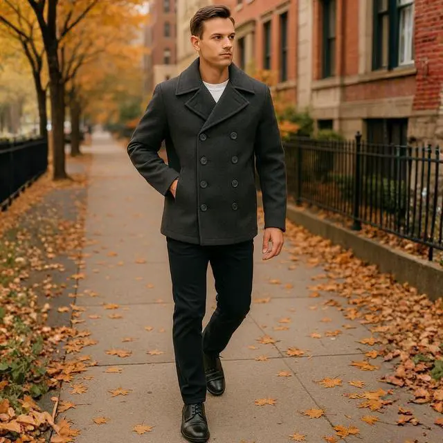 Alt view image 4 of 7 - Alpine Swiss Mason Mens Wool Blend Pea Coat Jacket Double Breasted Dress Coat