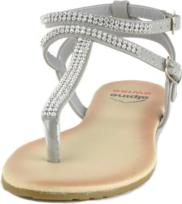 Alt view image 3 of 6 - Alpine Swiss Womens Rhinestone T-Strap Sandals Ankle Strap Flat Summer Shoes