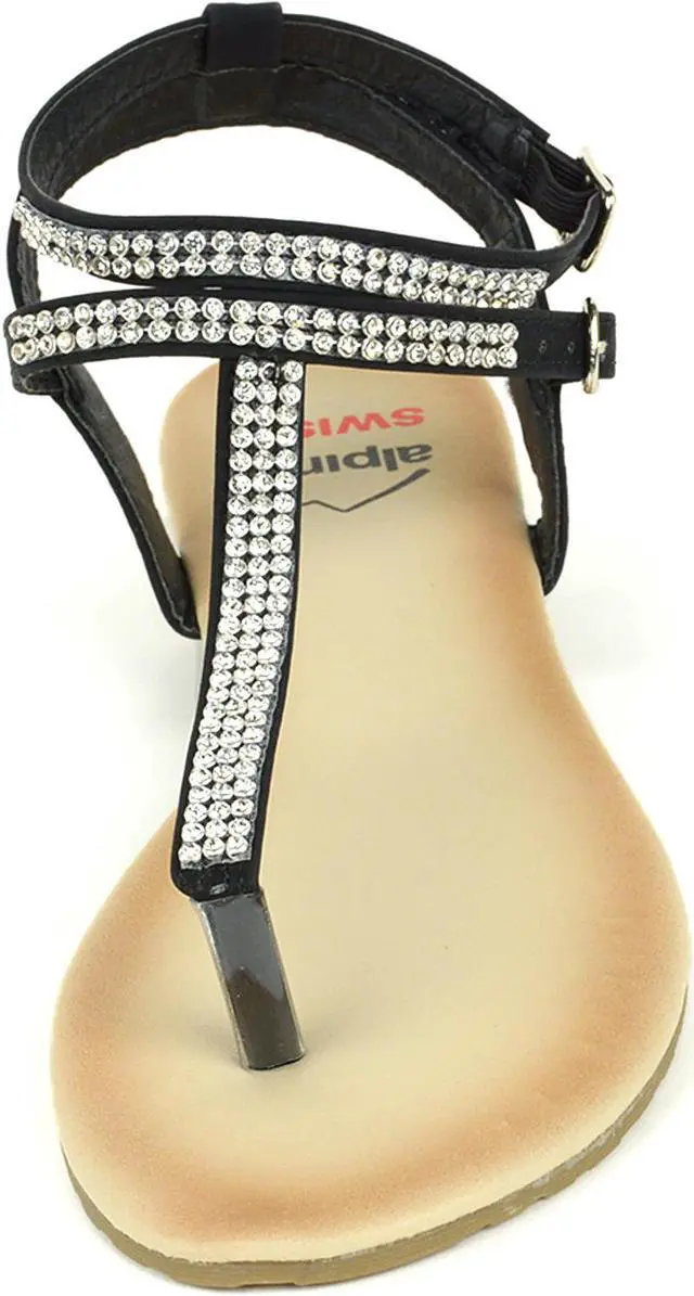 Alt view image 6 of 6 - Alpine Swiss Womens Rhinestone T-Strap Sandals Ankle Strap Flat Summer Shoes