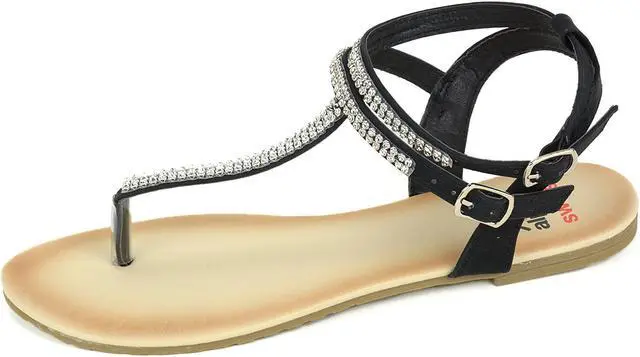 Alt view image 2 of 6 - Alpine Swiss Womens Rhinestone T-Strap Sandals Ankle Strap Flat Summer Shoes