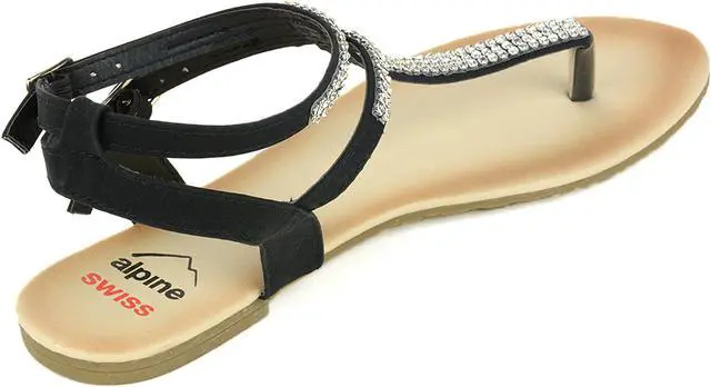 Alt view image 3 of 6 - Alpine Swiss Womens Rhinestone T-Strap Sandals Ankle Strap Flat Summer Shoes