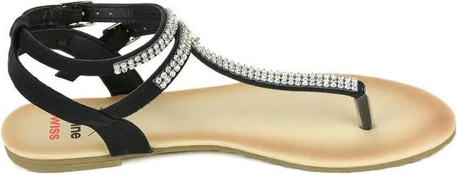 Alt view image 4 of 6 - Alpine Swiss Womens Rhinestone T-Strap Sandals Ankle Strap Flat Summer Shoes