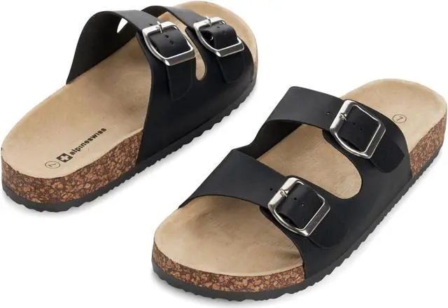 Alt view image 5 of 7 - Alpine Swiss Womens Double Strap Contour Sandals Slip on Buckle Slides Vegan Leather Footbed Sandal Ergonomic Cork-Inspired Sole Summer Footwear