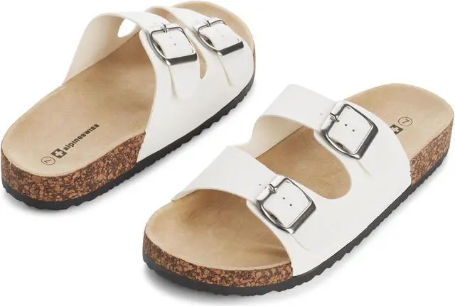 Alt view image 5 of 7 - Alpine Swiss Double Strap Slides Womens Footbed Sandals Slip On Slides with Buckles Flat Sandals For Women Everyday Wear Support Women Cork Sandals