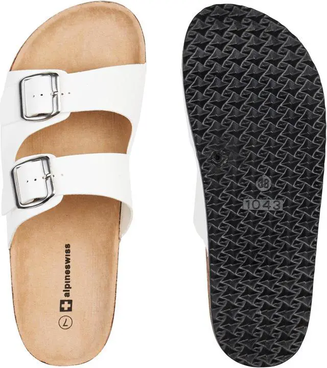 Alt view image 4 of 7 - Alpine Swiss Double Strap Slides Womens Footbed Sandals Slip On Slides with Buckles Flat Sandals For Women Everyday Wear Support Women Cork Sandals