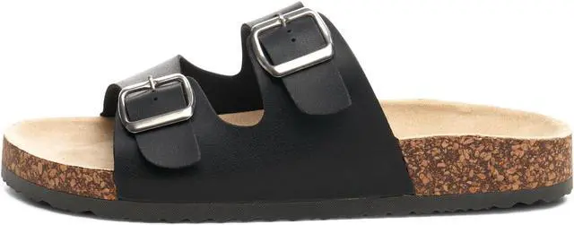 Alt view image 2 of 7 - Alpine Swiss Womens Double Strap Contour Sandals Slip on Buckle Slides Vegan Leather Footbed Sandal Ergonomic Cork-Inspired Sole Summer Footwear