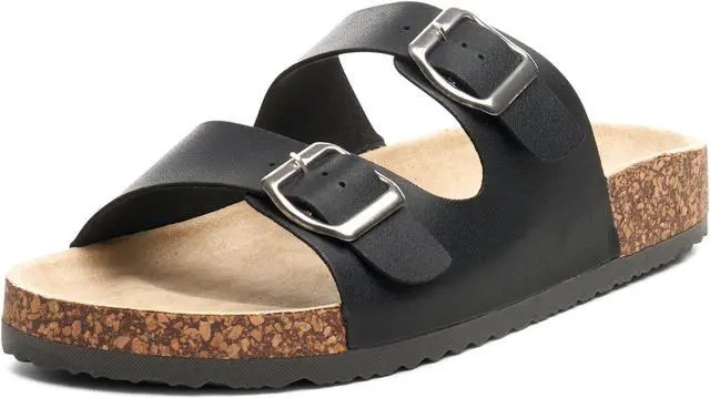 Main image of Alpine Swiss Womens Double Strap Contour Sandals Slip on Buckle Slides Vegan Leather Footbed Sandal Ergonomic Cork-Inspired Sole Summer Footwear
