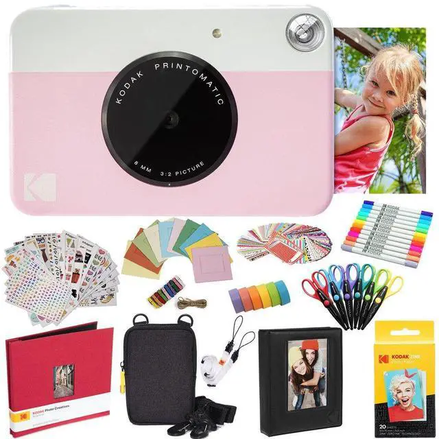 Main image of Kodak Printomatic Instant Camera (Pink) All-In-Bundle + Zink Paper (20 Sheets) + Deluxe Case + Photo Album + 7 Unique Sticker Sets + Markers + Scissors + Border Stickers and So Much More