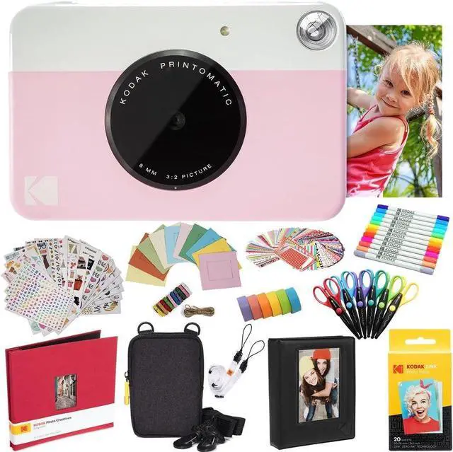 Alt view image 4 of 7 - Kodak Printomatic Instant Camera (Pink) All-In-Bundle + Zink Paper (20 Sheets) + Deluxe Case + Photo Album + 7 Unique Sticker Sets + Markers + Scissors + Border Stickers and So Much More
