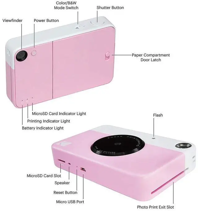 Alt view image 3 of 7 - Kodak Printomatic Instant Camera (Pink) All-In-Bundle + Zink Paper (20 Sheets) + Deluxe Case + Photo Album + 7 Unique Sticker Sets + Markers + Scissors + Border Stickers and So Much More