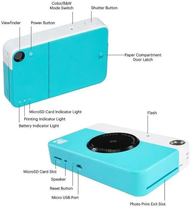 Alt view image 3 of 7 - Kodak Printomatic Instant Camera (Blue) All-In-Bundle + Zink Paper (20 Sheets) + Deluxe Case + Photo Album + 7 Unique Sticker Sets + Markers + Scissors + Border Stickers and So Much More