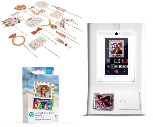 Main image of HP Sprocket Photo Booth Machine Instant Color Photo Printer (White) + Zink Paper (100 Sheets) + Bridal Shower Photo Booth Props (23pc)