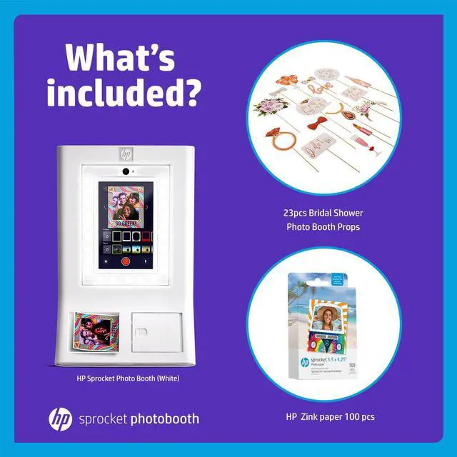 Alt view image 2 of 7 - HP Sprocket Photo Booth Machine Instant Color Photo Printer (White) + Zink Paper (100 Sheets) + Bridal Shower Photo Booth Props (23pc)
