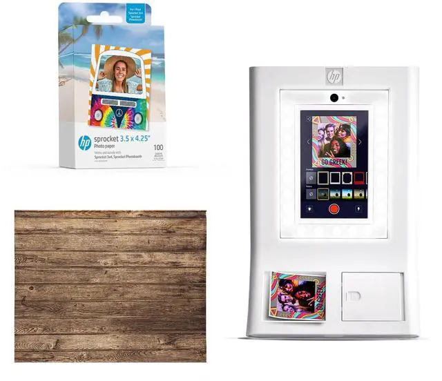 Main image of HP Sprocket Photo Booth Machine Instant Color Photo Printer (White) + Zink Paper (100 Sheets) + Vintage Wooden Wall Backdrop