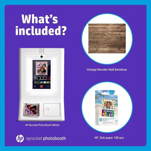 Alt view image 2 of 7 - HP Sprocket Photo Booth Machine Instant Color Photo Printer (White) + Zink Paper (100 Sheets) + Vintage Wooden Wall Backdrop