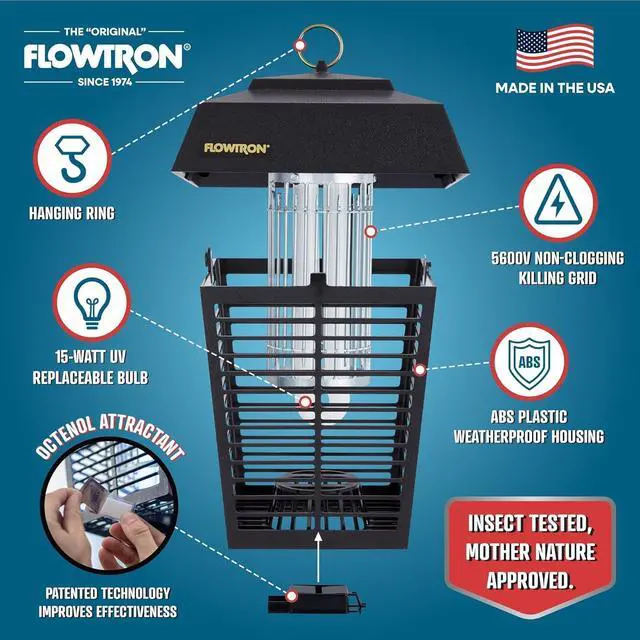 Alt view image 3 of 7 - Flowtron Bug Zapper, 1/2 Acre of Outdoor Coverage with Powerful 15W Bulb & 5600V Instant Killing Grid, Electric Insect, Fly & Mosquito Zapper With Wall Mounting Bracket & Mosquito Attractant Cartridge
