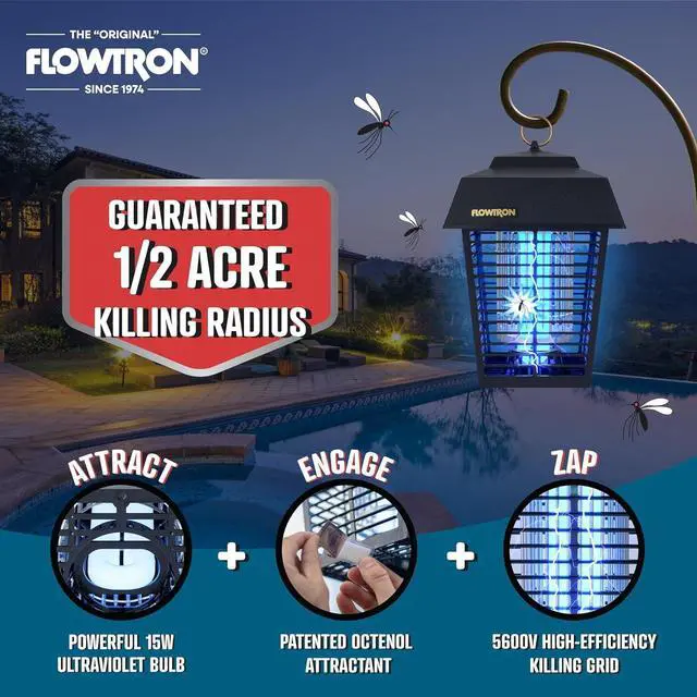 Alt view image 2 of 7 - Flowtron Bug Zapper, 1/2 Acre of Outdoor Coverage with Powerful 15W Bulb & 5600V Instant Killing Grid, Electric Insect, Fly & Mosquito Zapper With Wall Mounting Bracket & Mosquito Attractant Cartridge