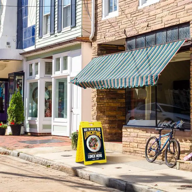 Alt view image 7 of 7 - Jumbl A-Frame Signboard 15.7 x 26 Display Surface  Small Outdoor Sandwich Board w/Weather Resistant PVC Sign Protector & Sand Fill Holes  Dual Signage Stand for Storefront Sidewalk Curb (Yellow)