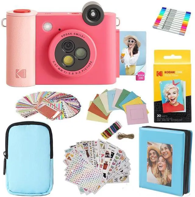 Main image of KODAK Smile+ 2-in-1 Digital Instant Print Camera & Printer Gift Bundle + Case + Zink 2x3" Sticky Back Photo Paper 20pk + Album + Sticker Frames + Hanging Frames + Sticker Sets + Markers - Fuchsia