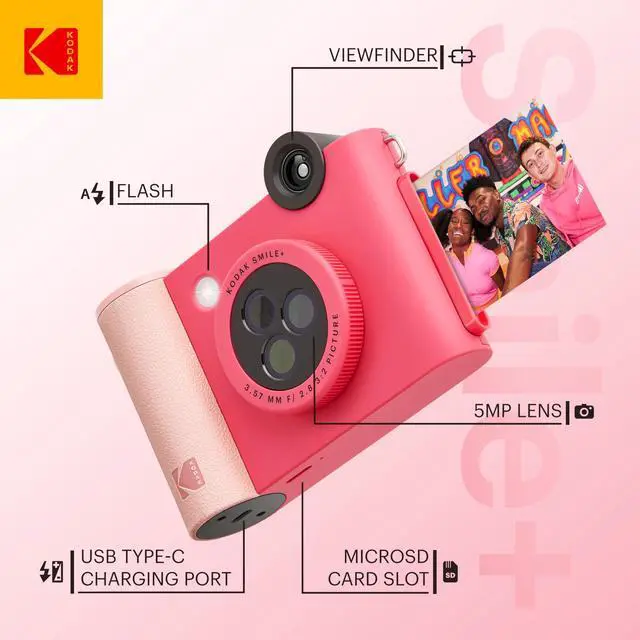 Alt view image 2 of 7 - KODAK Smile+ 2-in-1 Digital Instant Print Camera & Printer Gift Bundle + Case + Zink 2x3" Sticky Back Photo Paper 20pk + Album + Sticker Frames + Hanging Frames + Sticker Sets + Markers - Fuchsia