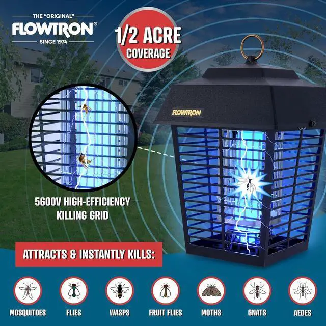 Alt view image 4 of 7 - Flowtron Bug Zapper, 1/2 Acre of Outdoor Coverage with Powerful 15W Bulb & 5600V Instant Killing Grid, Electric Insect, Fly & Mosquito Zapper With Wall Mounting Bracket & Mosquito Attractant Cartridge