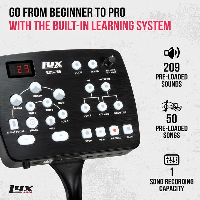 Alt view image 2 of 7 - LyxJam 7-Piece Electronic Drum Kit Set, with Real Mesh Fabric 209 Preloaded Sounds, 50 Play-Along Songs, Recording Capability & Kick Pad, Drum Sticks, Drum Throne Stool
