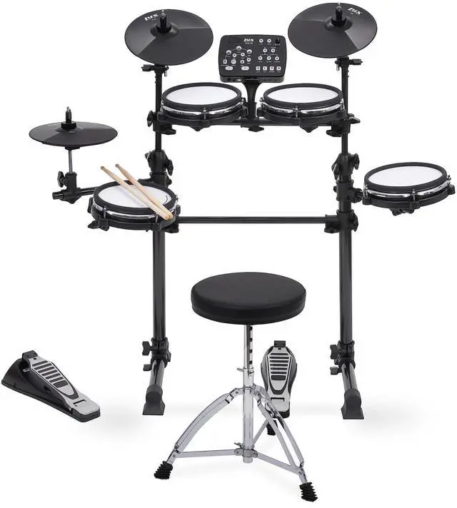 Main image of LyxJam 7-Piece Electronic Drum Kit Set, with Real Mesh Fabric 209 Preloaded Sounds, 50 Play-Along Songs, Recording Capability & Kick Pad, Drum Sticks, Drum Throne Stool