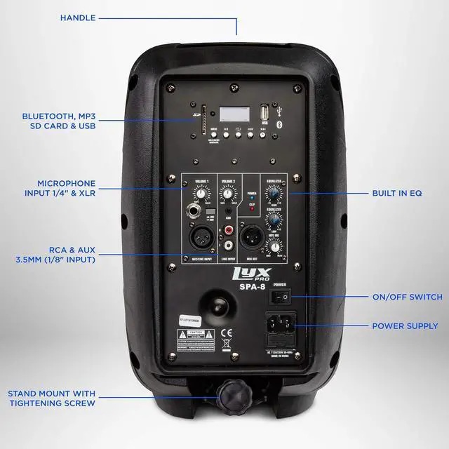 Alt view image 3 of 6 - LyxPro SPA-10 10" Portable PA Speaker System With Metal Tripod Stand Combo Kit Power Active Amplifier Equalizer Bluetooth SD Slot USB MP3 XLR 1/4" 1/8" 3.5mm Inputs Remote Control