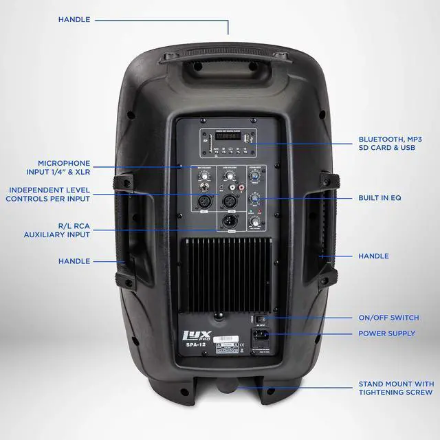 Alt view image 3 of 6 - LyxPro SPA12 12" Portable PA Speaker System With Metal Tripod Stand Combo Kit Power Active Powerful Amplifier Equalizer Bluetooth SD Slot USB MP3 XLR 1/4" 1/8" 3.5mm Inputs Remote Control