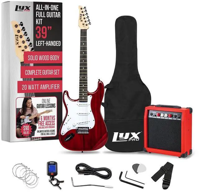 Alt view image 2 of 8 - LyxPro Left Hand 39 Inch Electric Guitar and Starter Kit for Lefty Full Size Beginners Guitar, Amp, Six Strings, Two Picks, Shoulder Strap, Digital Clip On Tuner, Guitar Cable and Soft Case - Red
