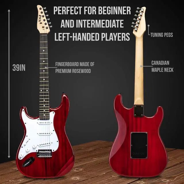 Alt view image 5 of 8 - LyxPro Left Hand 39 Inch Electric Guitar and Starter Kit for Lefty Full Size Beginners Guitar, Amp, Six Strings, Two Picks, Shoulder Strap, Digital Clip On Tuner, Guitar Cable and Soft Case - Red