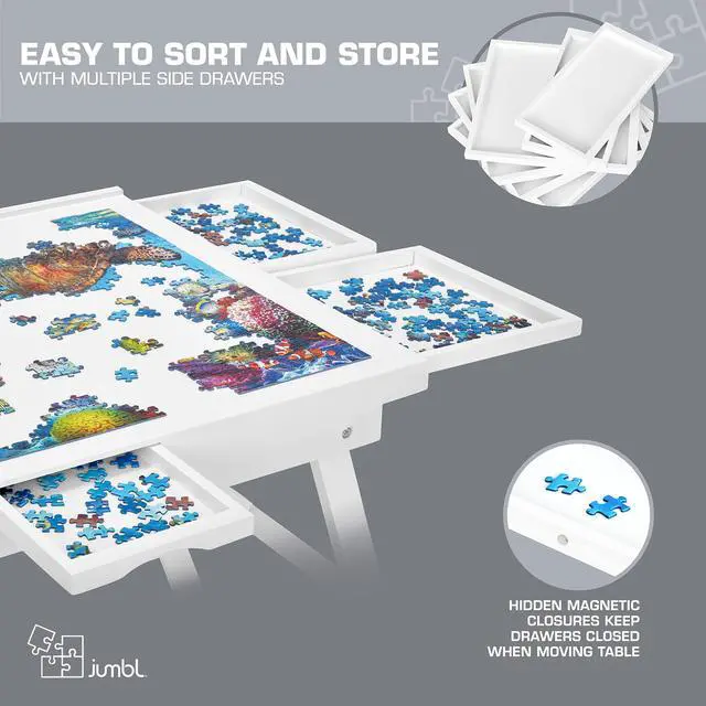 Alt view image 4 of 7 - Jumbl 1500-Piece Puzzle Table w/ Cover | 27 x 35 Jigsaw Puzzle Board w/Legs 6 Removable Storage & Sorting Drawers | Smooth Plateau Fiberboard Work Surface & Reinforced Hardwood | for Games & Puzzles