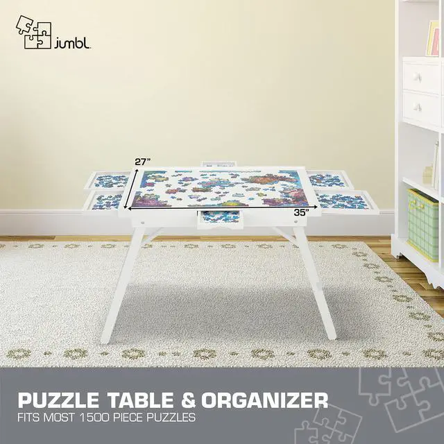 Alt view image 2 of 7 - Jumbl 1500-Piece Puzzle Table w/ Cover | 27 x 35 Jigsaw Puzzle Board w/Legs 6 Removable Storage & Sorting Drawers | Smooth Plateau Fiberboard Work Surface & Reinforced Hardwood | for Games & Puzzles