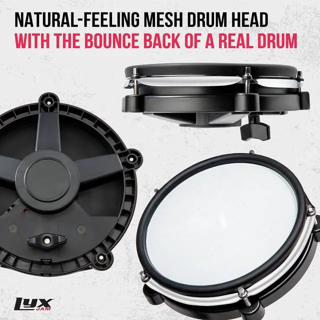 Alt view image 5 of 7 - LyxJam 7-Piece Electronic Drum Kit Set, with Real Mesh Fabric 209 Preloaded Sounds, 50 Play-Along Songs, Recording Capability & Kick Pad, Drum Sticks, Drum Throne Stool