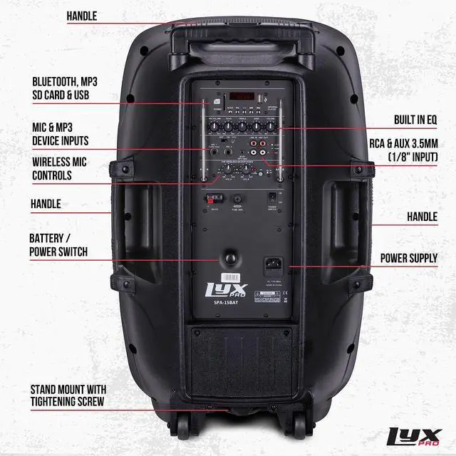 Alt view image 2 of 7 - LyxPro 15 Inch Active PA Rechargeable Battery Speaker System, Bluetooth, MP3, USB, SD Card Slot, Foldable Carry Handle, Easy Carry Wheels-SPA-15 BAT