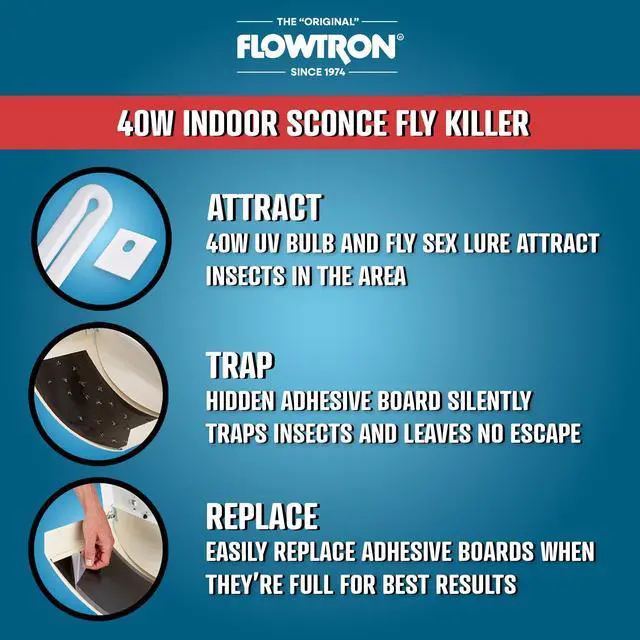 Alt view image 5 of 7 - Flowtron Fly Trap Indoor Wall Sconce | Electric Insect Killer for Flies & Gnats with Dual Lure Method 40W UV Light & Pheromone Attractant | Sticky Strips, 600 Sq Ft for House & Kitchen