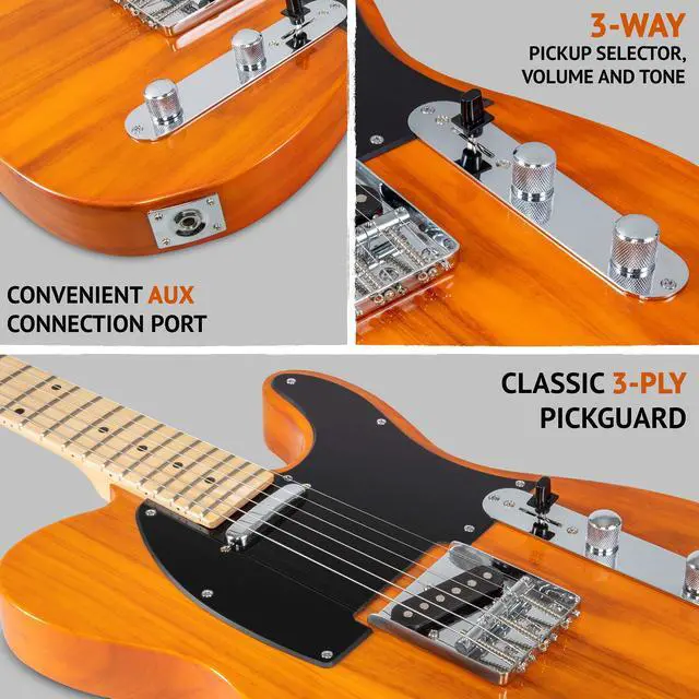Alt view image 4 of 7 - LyxPro 39 Electric Guitar TL Series, Full-Size Paulownia Wood Body, 3-Ply Pickguard, C-Shape Neck, Ashtray Bridge, Quality Gear Tuners, 3-Way Switch & Volume/Tone Controls, 2 Picks Included, Mahogany