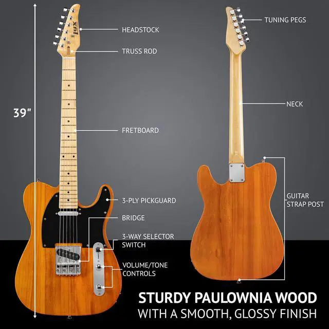 Alt view image 6 of 7 - LyxPro 39 Electric Guitar TL Series, Full-Size Paulownia Wood Body, 3-Ply Pickguard, C-Shape Neck, Ashtray Bridge, Quality Gear Tuners, 3-Way Switch & Volume/Tone Controls, 2 Picks Included, Mahogany