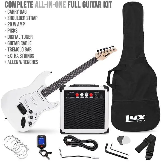 Alt view image 2 of 7 - LyxPro 39 inch Electric Guitar Kit Bundle with 20w Amplifier, All Accessories, Digital Clip On Tuner, Six Strings, Two Picks, Tremolo Bar, Shoulder Strap, Case Bag Starter kit Full Size - White