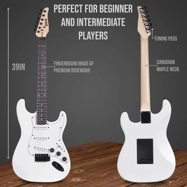 Alt view image 3 of 7 - LyxPro 39 inch Electric Guitar Kit Bundle with 20w Amplifier, All Accessories, Digital Clip On Tuner, Six Strings, Two Picks, Tremolo Bar, Shoulder Strap, Case Bag Starter kit Full Size - White