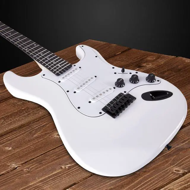 Alt view image 4 of 7 - LyxPro 39 inch Electric Guitar Kit Bundle with 20w Amplifier, All Accessories, Digital Clip On Tuner, Six Strings, Two Picks, Tremolo Bar, Shoulder Strap, Case Bag Starter kit Full Size - White