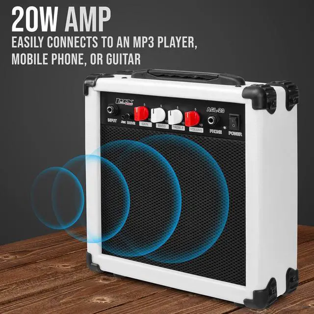 Alt view image 6 of 7 - LyxPro 39 inch Electric Guitar Kit Bundle with 20w Amplifier, All Accessories, Digital Clip On Tuner, Six Strings, Two Picks, Tremolo Bar, Shoulder Strap, Case Bag Starter kit Full Size - White