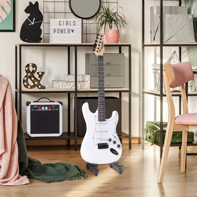 Alt view image 7 of 7 - LyxPro 39 inch Electric Guitar Kit Bundle with 20w Amplifier, All Accessories, Digital Clip On Tuner, Six Strings, Two Picks, Tremolo Bar, Shoulder Strap, Case Bag Starter kit Full Size - White