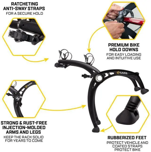 Alt view image 4 of 7 - Saris Bones EX 2-Bike Trunk Rack Bicycle Carrier, Durable, Rust-Free, Anti-Sway Straps, Made in USA, Arc-Based Design, 100% Recyclable Materials
