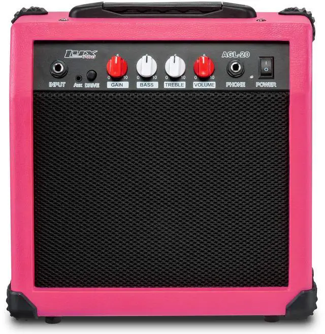 Main image of LyxPro Electric Guitar Amp 20 Watt Amplifier Built In Speaker Headphone Jack And Aux Input Includes Gain Bass Treble Volume And Grind - Pink