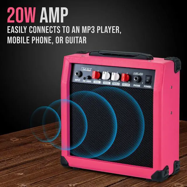 Alt view image 2 of 6 - LyxPro Electric Guitar Amp 20 Watt Amplifier Built In Speaker Headphone Jack And Aux Input Includes Gain Bass Treble Volume And Grind - Pink