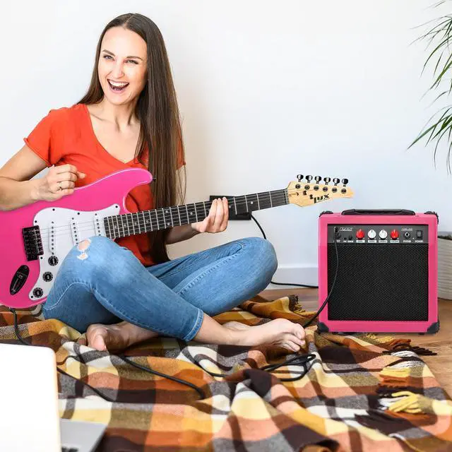 Alt view image 6 of 6 - LyxPro Electric Guitar Amp 20 Watt Amplifier Built In Speaker Headphone Jack And Aux Input Includes Gain Bass Treble Volume And Grind - Pink